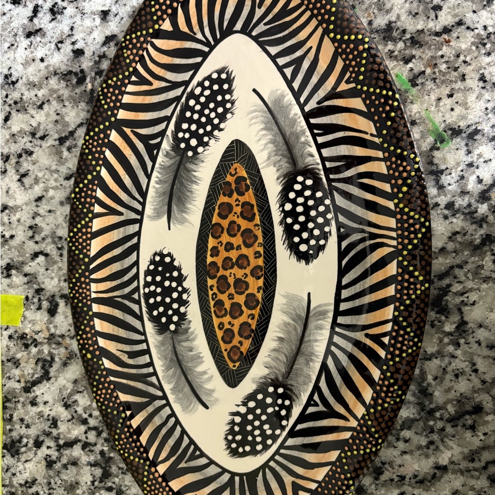 Nivek Africa Oval Cheese Platter Guinea Feather Design Hand Painted Frm Zimbabwe